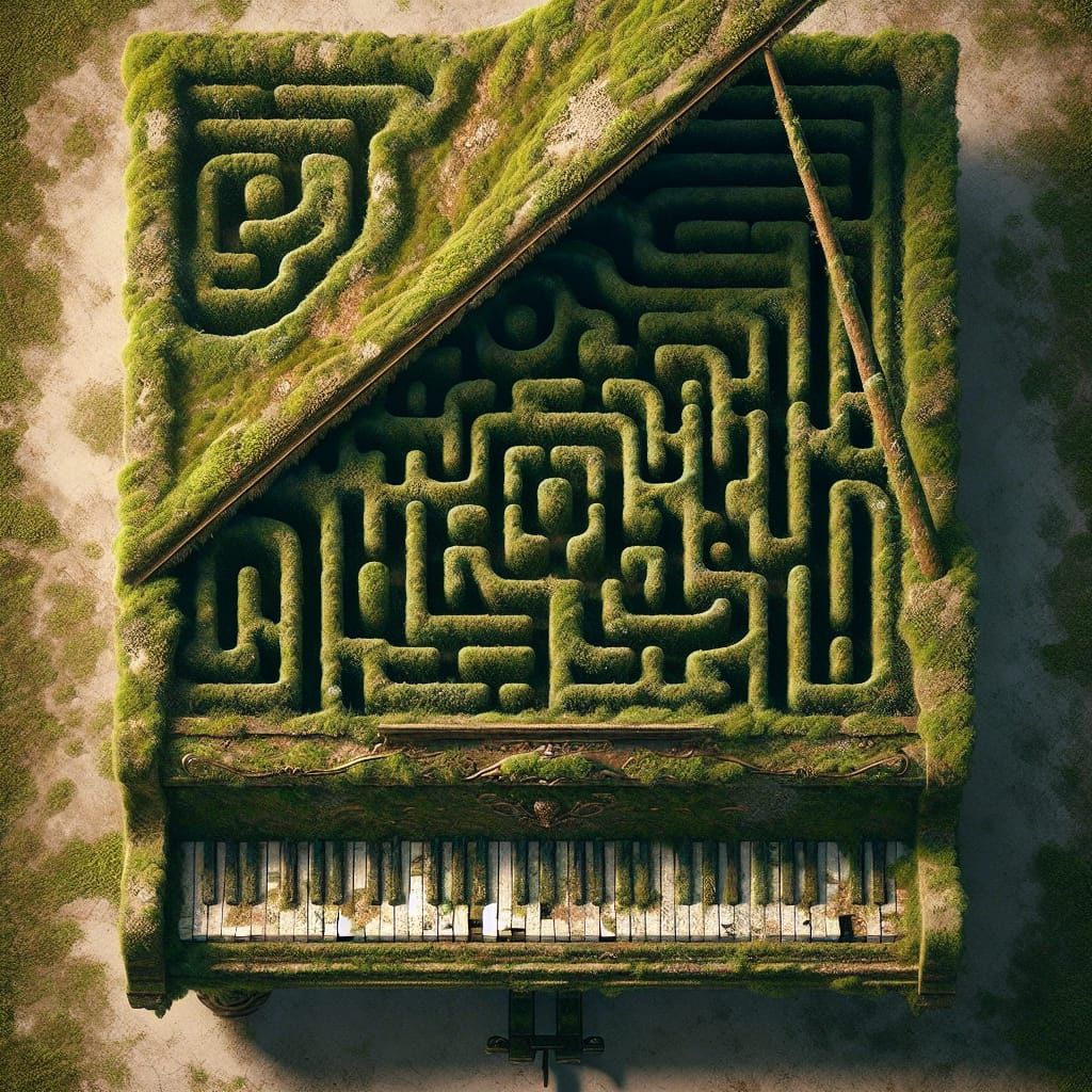 Ethereal Heroism in Moss-Covered Piano with Grand Hedge Maze