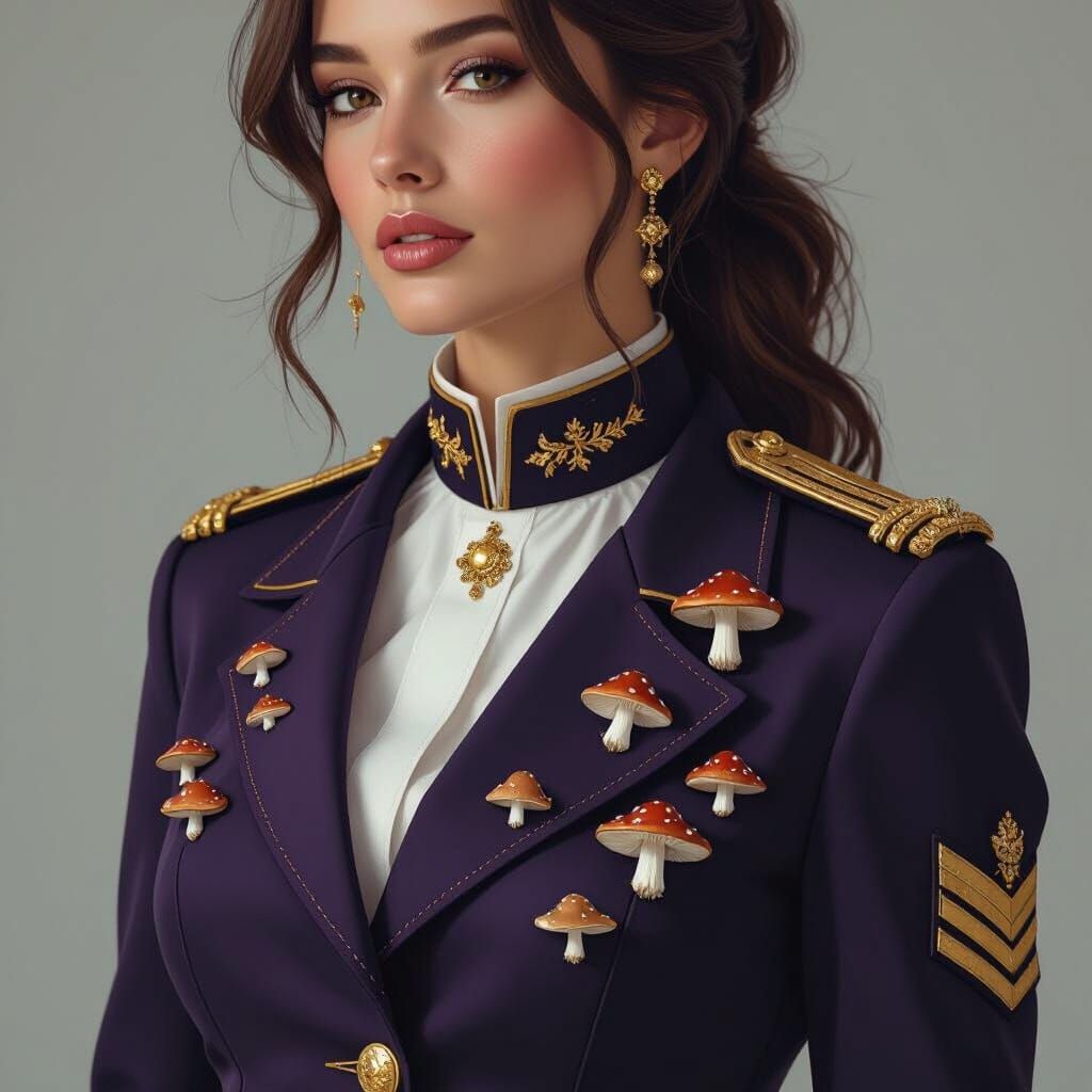 Woman in Military Outfit with Mushroom Details