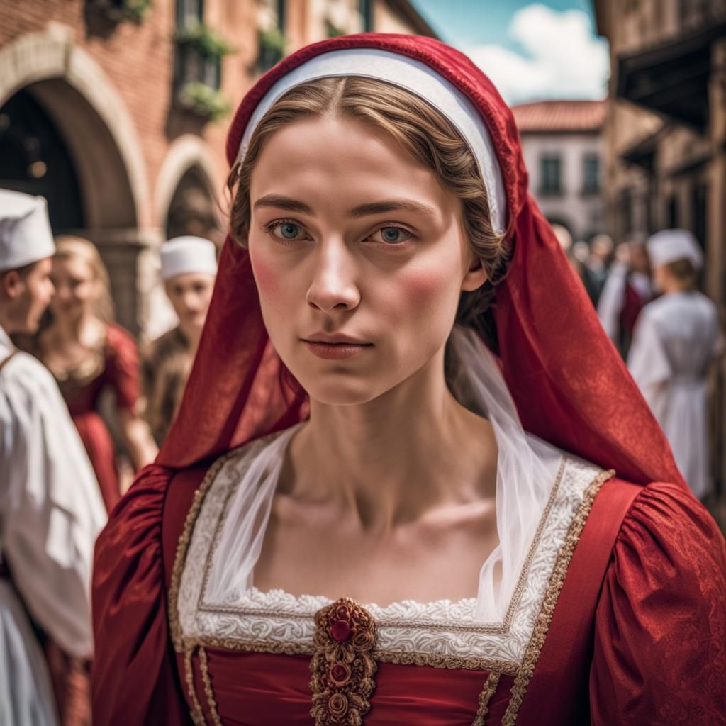 Juliet's Crimson Dress: A Photorealistic Portrait