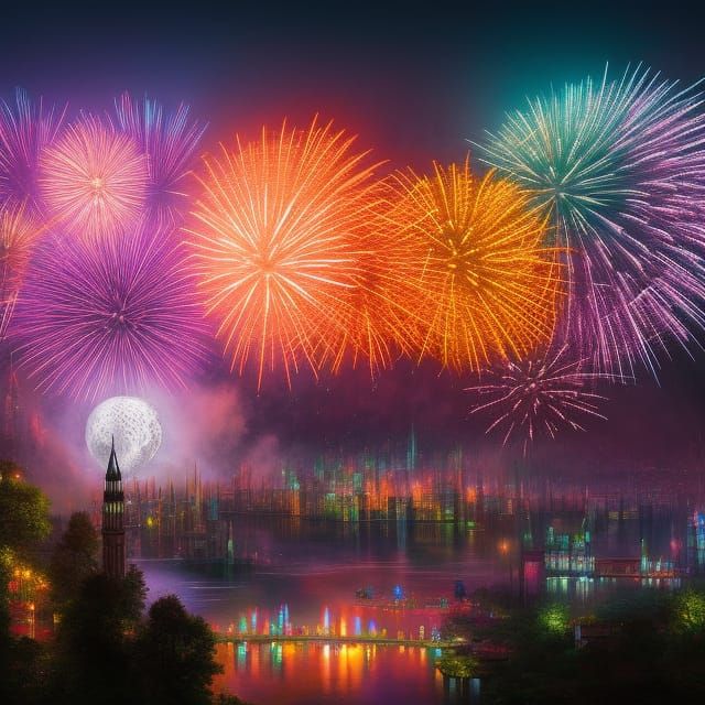 Spectacular Fireworks Display Over Moon, Fantasy Art