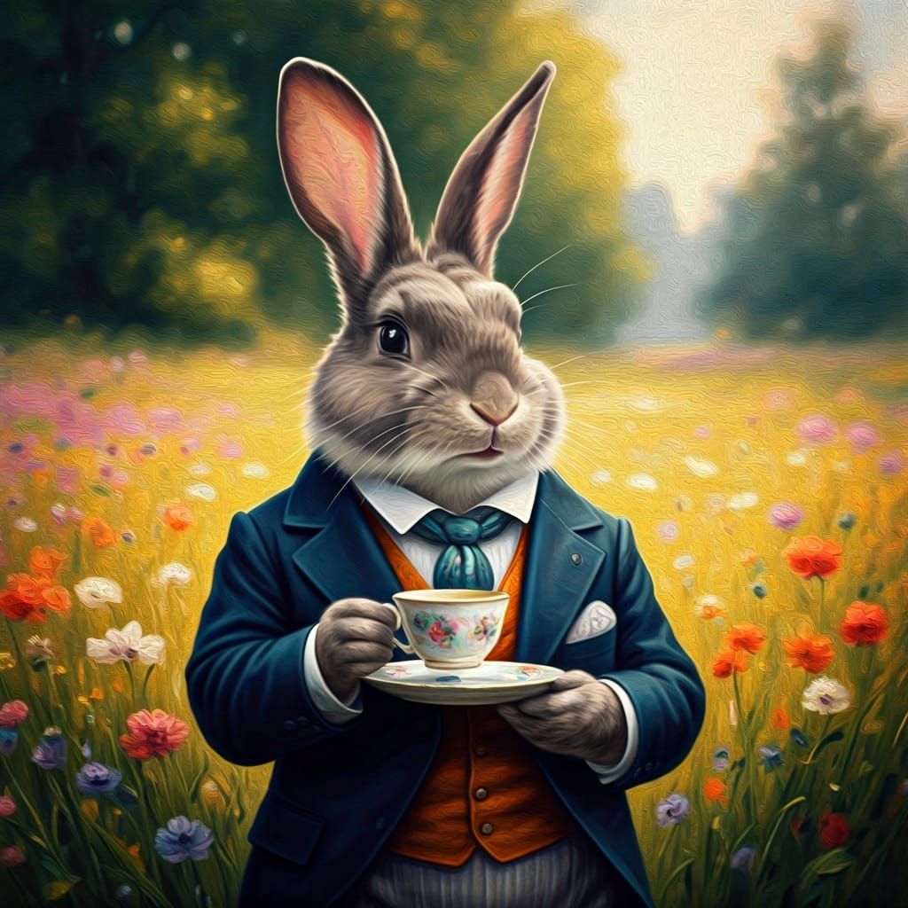 Bunny Sipping Tea in Sun-Drenched Meadow