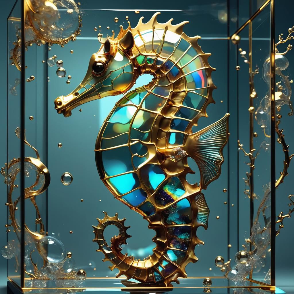 Luminescent Seahorse in Glass Box with Gold Bubbles
