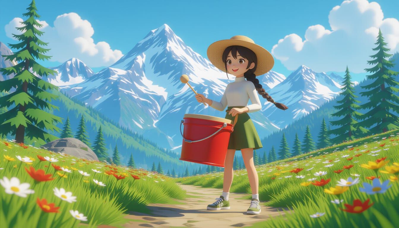 Cartoon Girl Drumming on Mountain Path, 3D Rendered