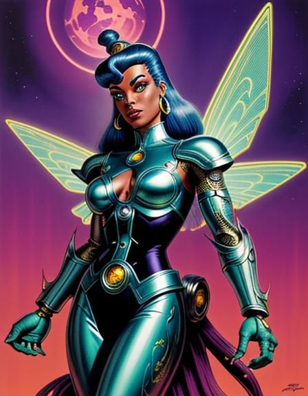 Armored Cyborg Genie Fairy in Retro Sci-Fi Style