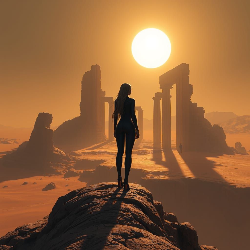Elegant Figure in Ancient Ruin on Desert Planet