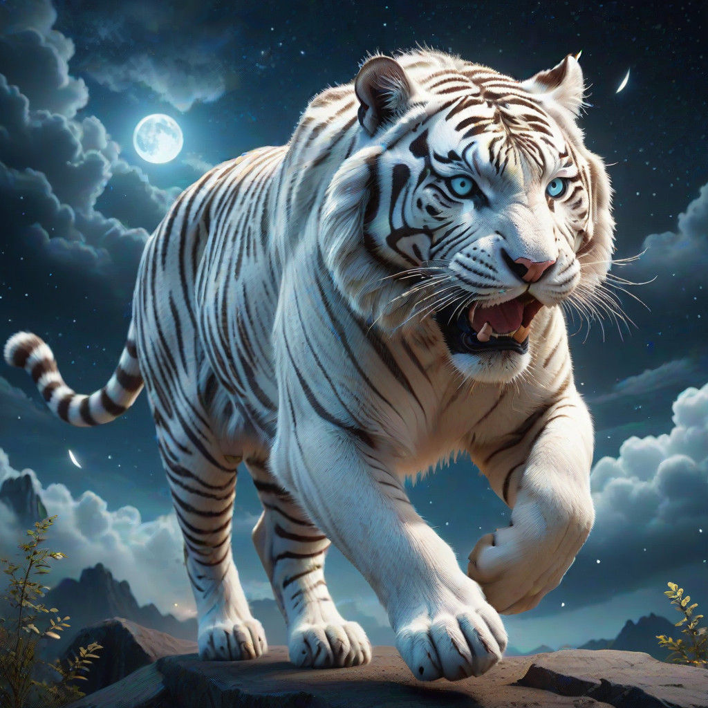 Epic Celestial White Tiger Soars Through the Night Sky in a....