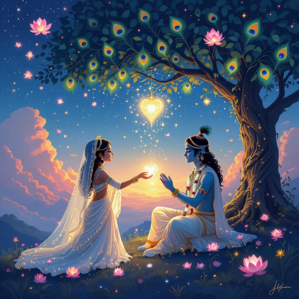 Celestial Meeting: Krishna and a Girl Under a Light Tree