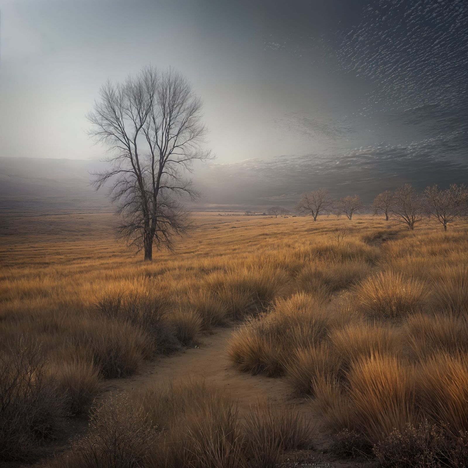Autumn Landscape with Dry Grass and Bare Trees Under Cloudy ...