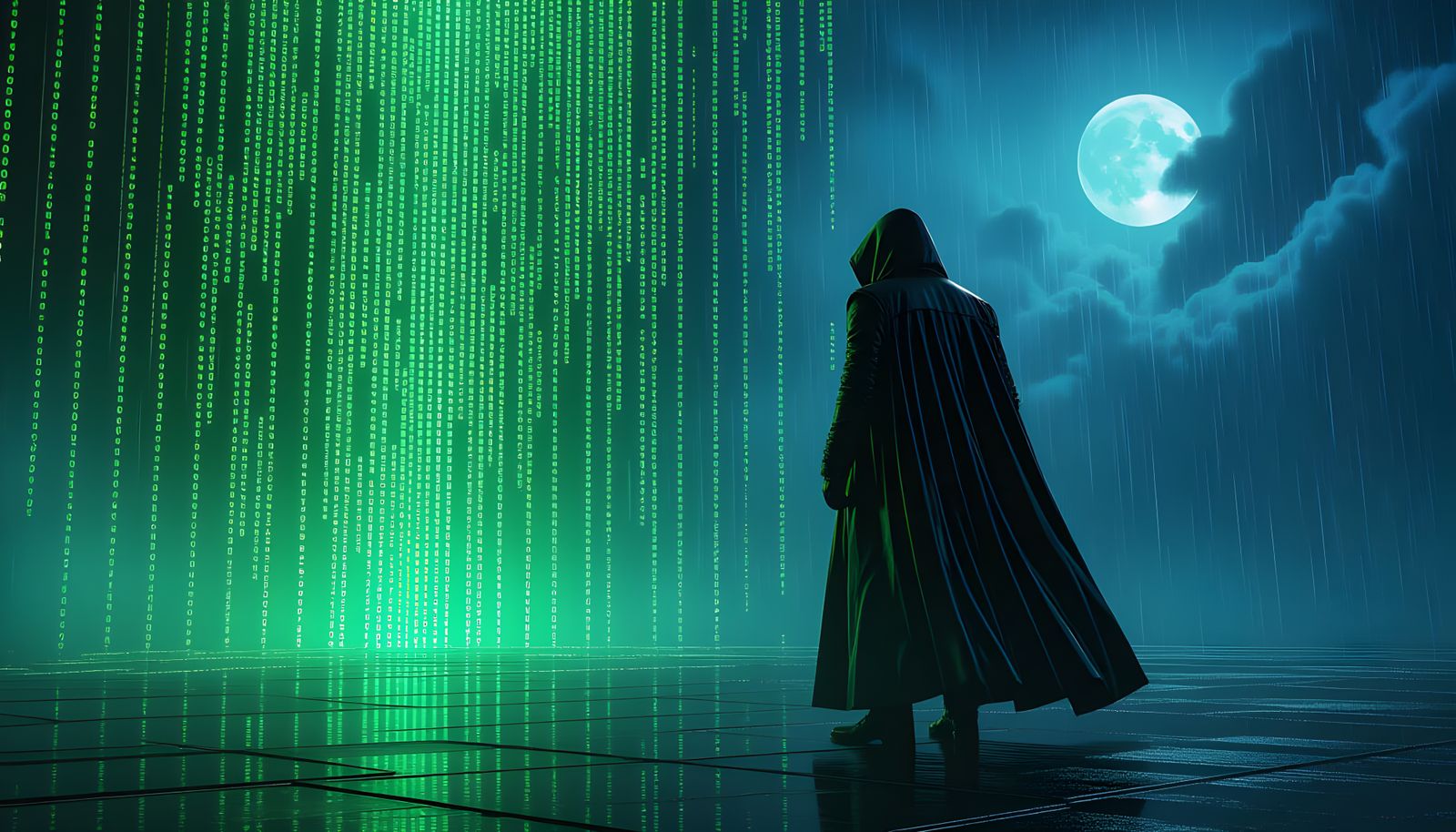 Dark Figure in Neon Code Storm, Cyberpunk Style
