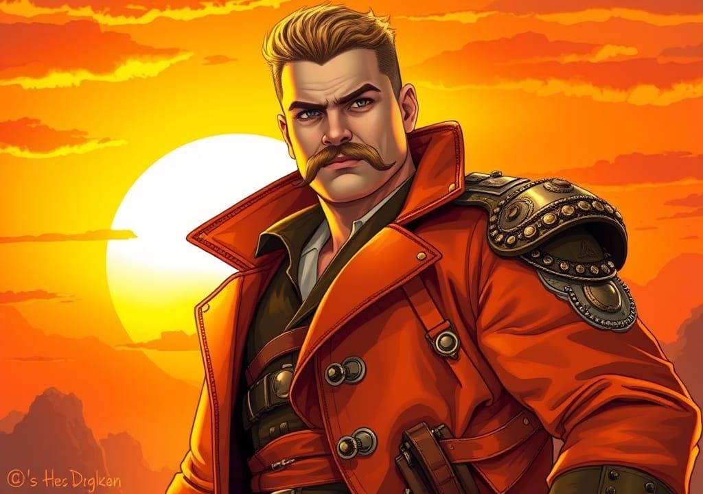 Steampunk Man Posing at Sunset in Surreal Style