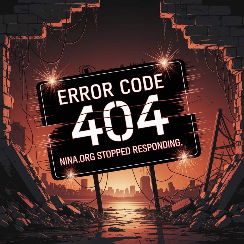 Glowing Error Sign in Ruins, Cyberpunk Decay