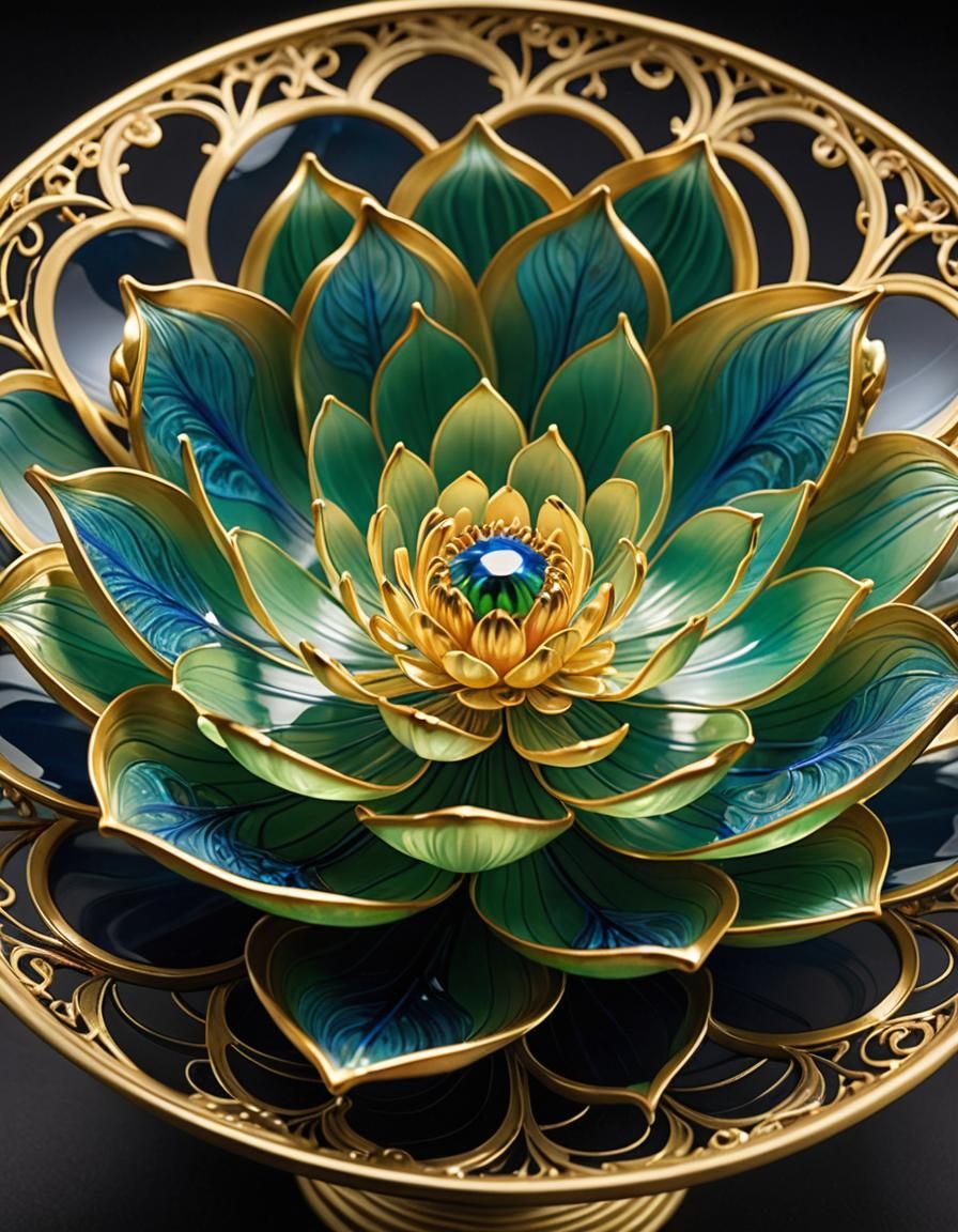 a striking enameled glass bowl shaped like an unfolding lotu...