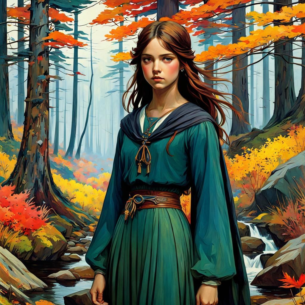 Anime Girl in Autumn Forest Stream, Detailed Art