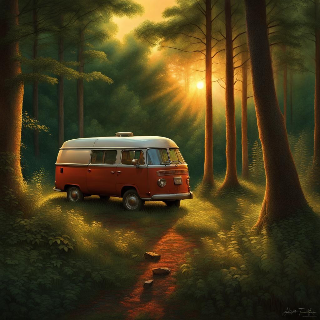 Van and Tent in Summer Forest at Sunset