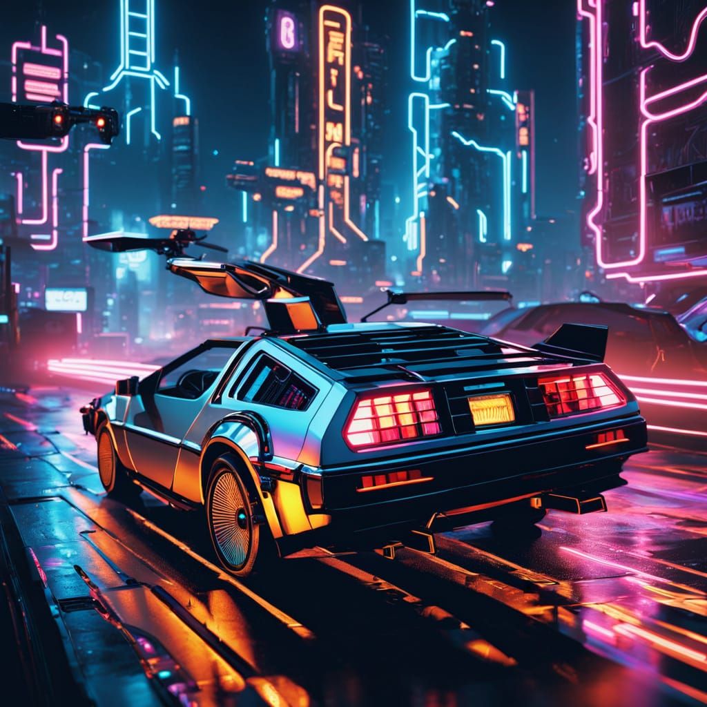 Cyberpunk Delorean Speeds Down a Neon Street
