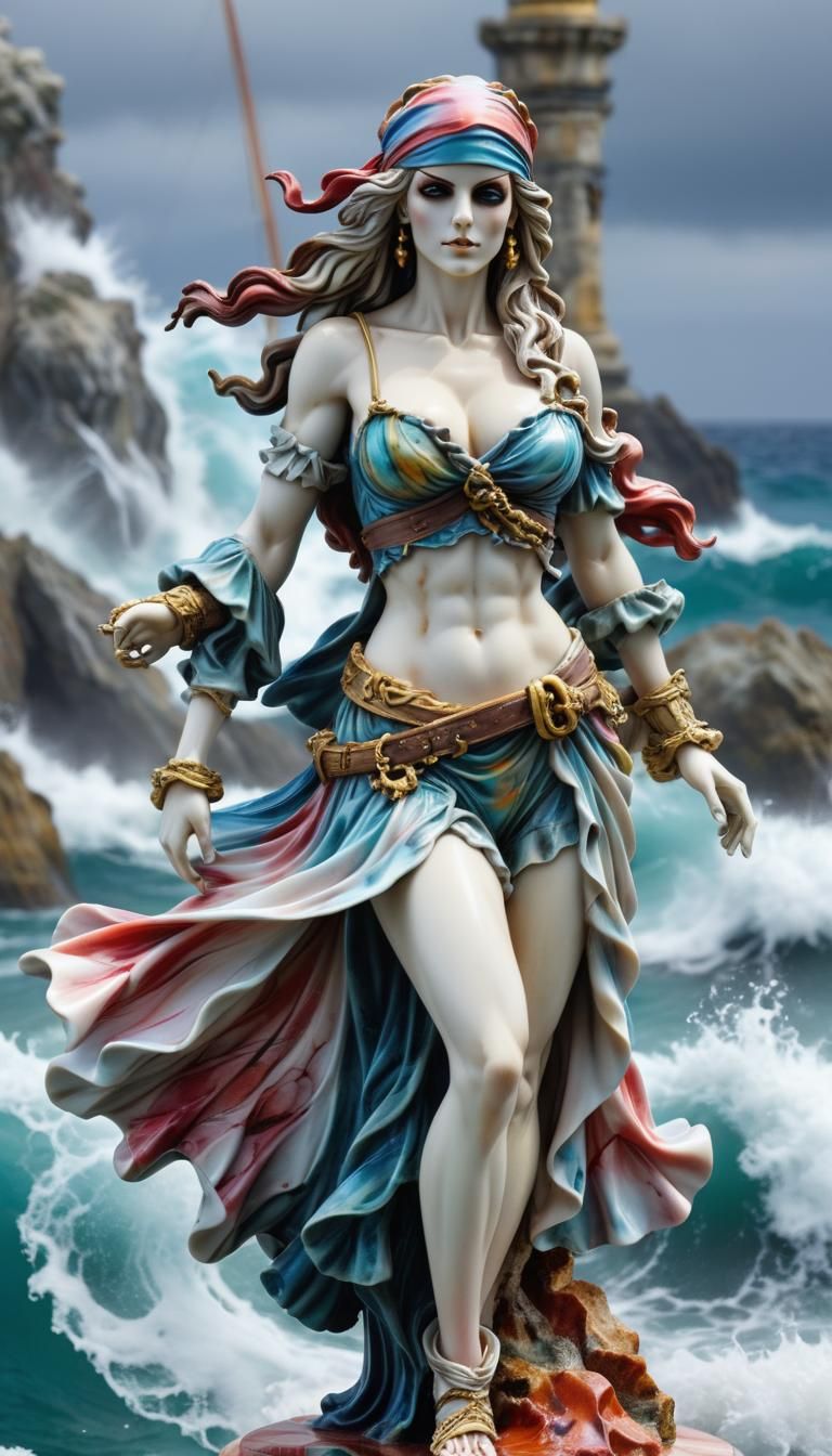 Gothic  Pirate woman colorful marble statue, attractive, dro...