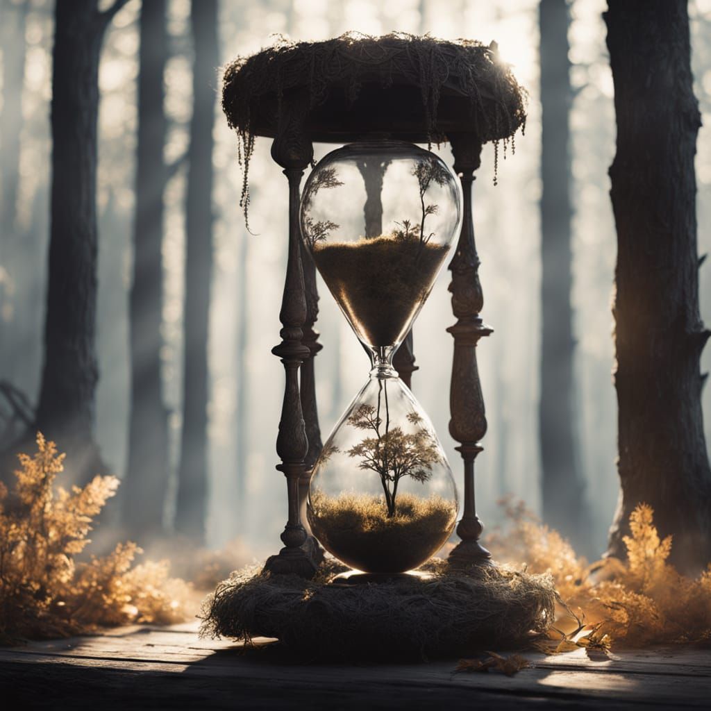 Surrealistic Hourglass in Mystical Forest