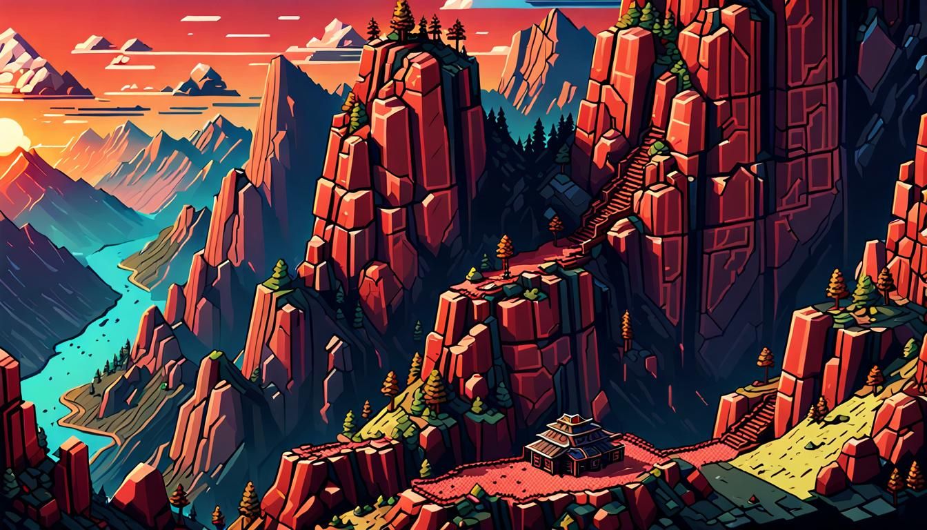 Colorful Pixel Art Red Rocks Sunset Landscape