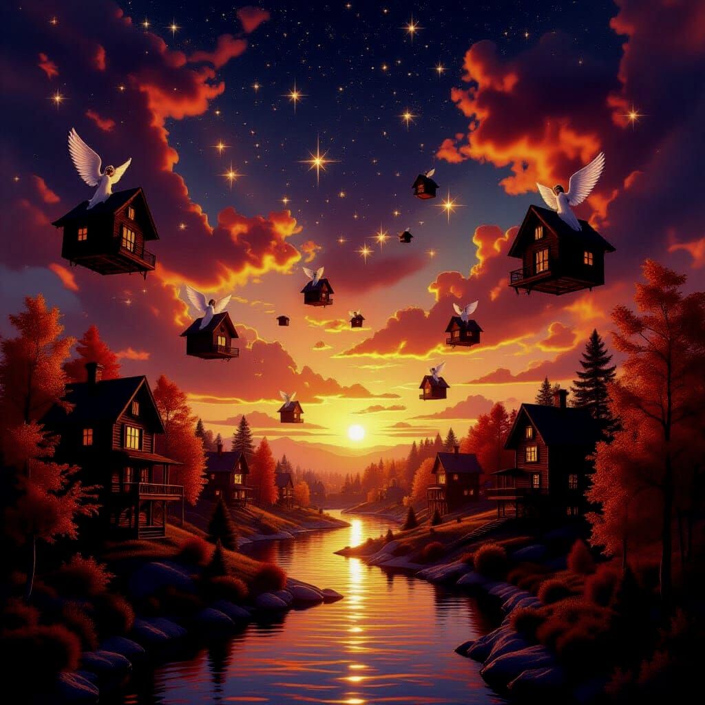 Surreal Autumn Sky With Floating Cabins And Angelic Trees