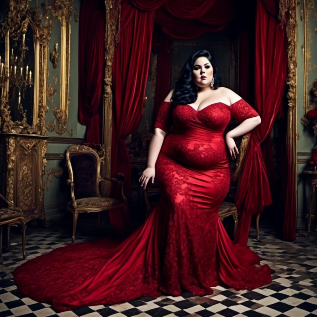 Latina Woman in Red Dress, Curvy Model
