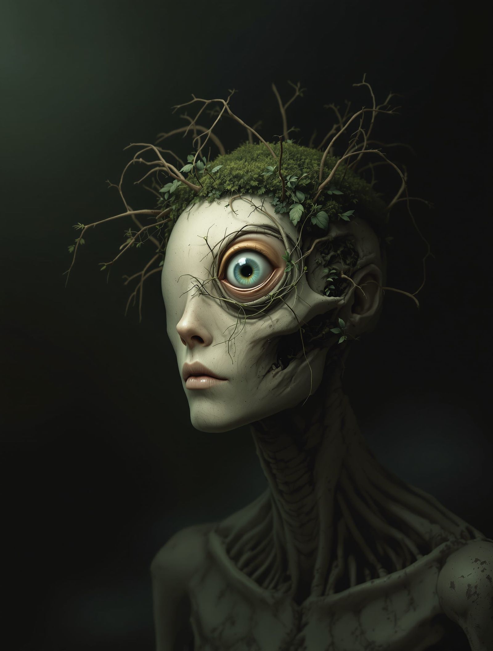 Grotesque Surreal Creature with Eye Crown in Muted Tones