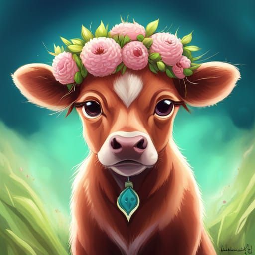 Baby Cow in Flower Crown: Anime Style