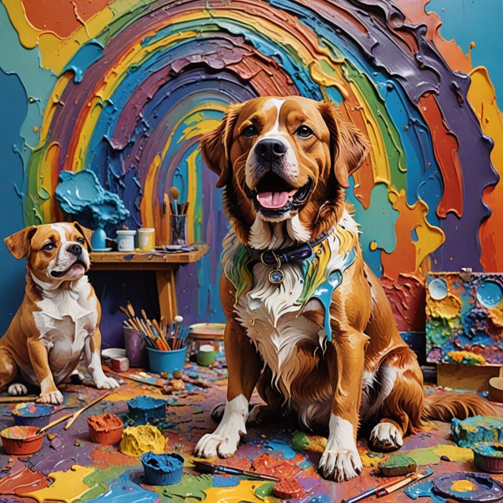 Epic Dog Paints with Art Brushes in His Mouth, Set on a Vibr...