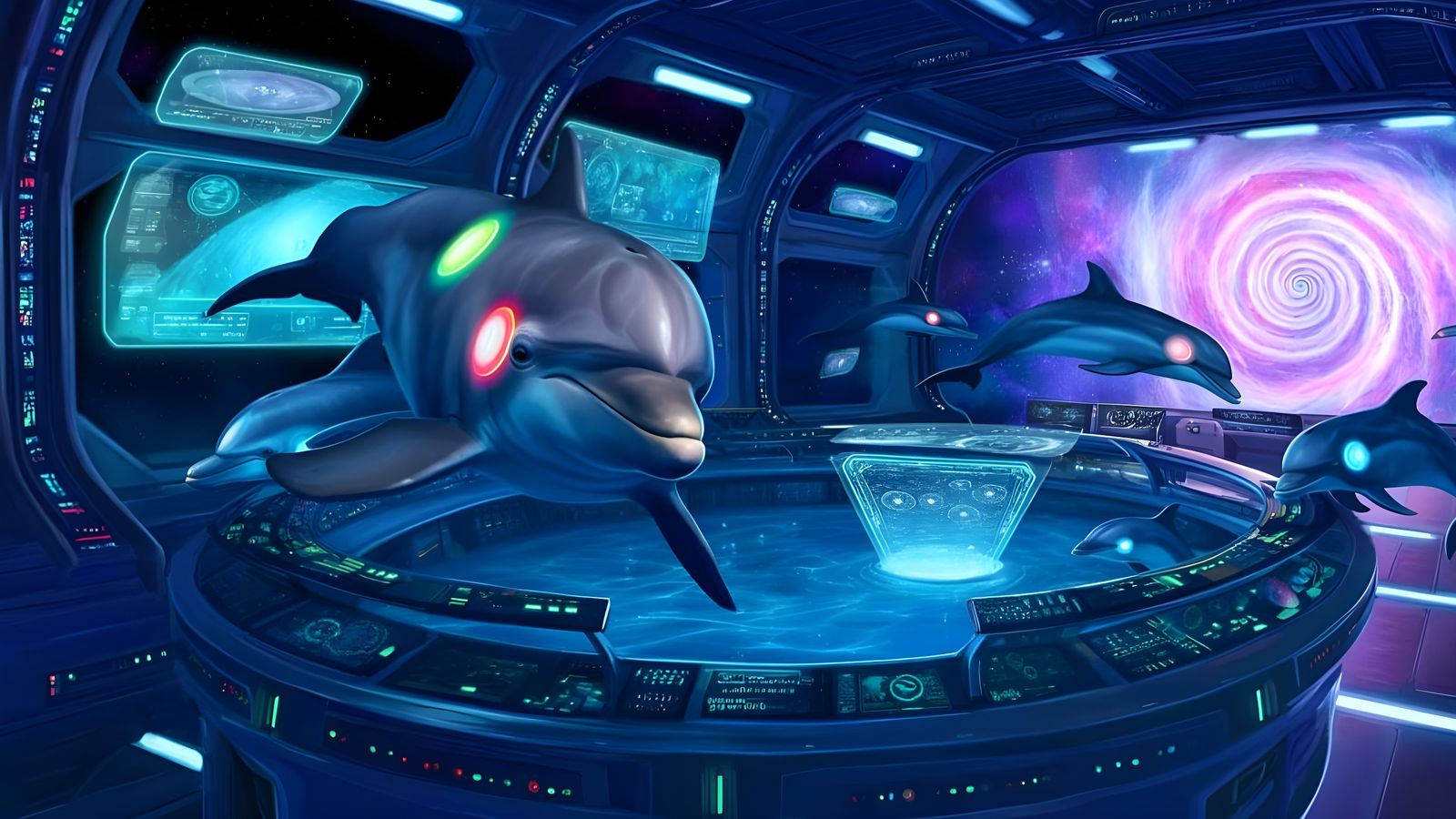 Cyberpunk Dolphins Navigate Cosmic Wormhole