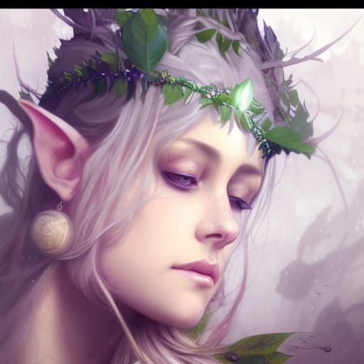 Elf Queen Portrait with Green Leaves Hair