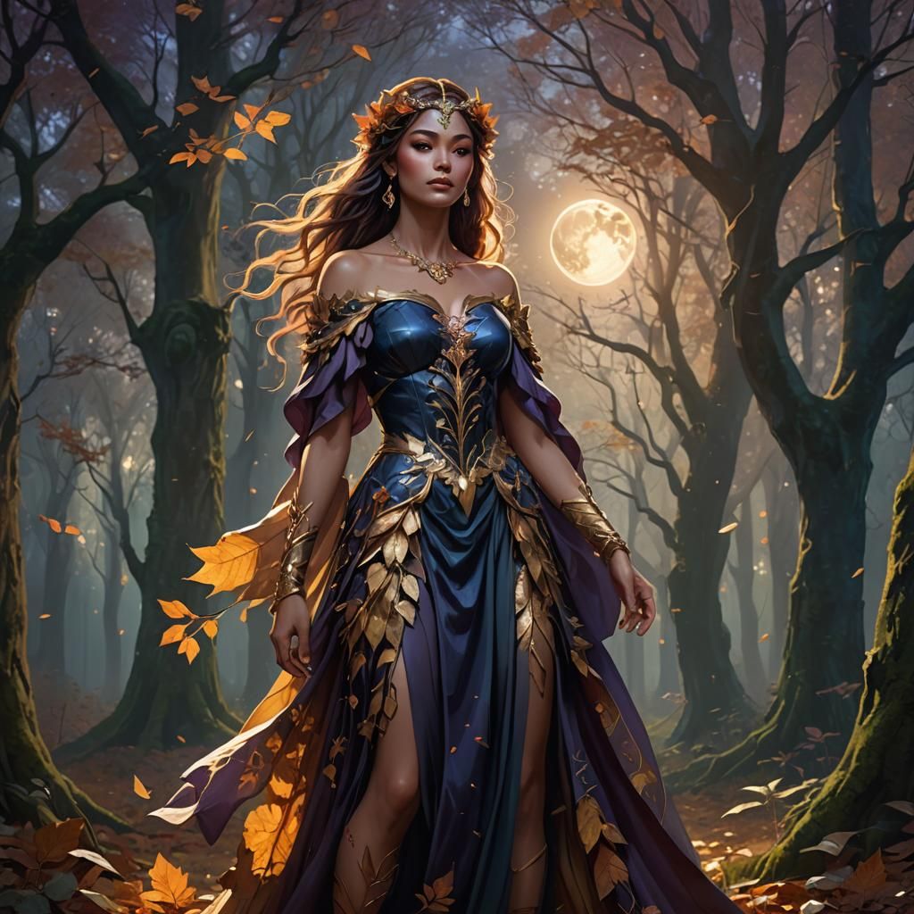 Autumn Goddess in Forest Glade: Fantasy Illustration