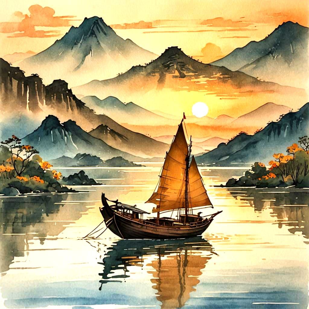 Chinese Sailboat Sunset: Woodcut in Watercolor Style