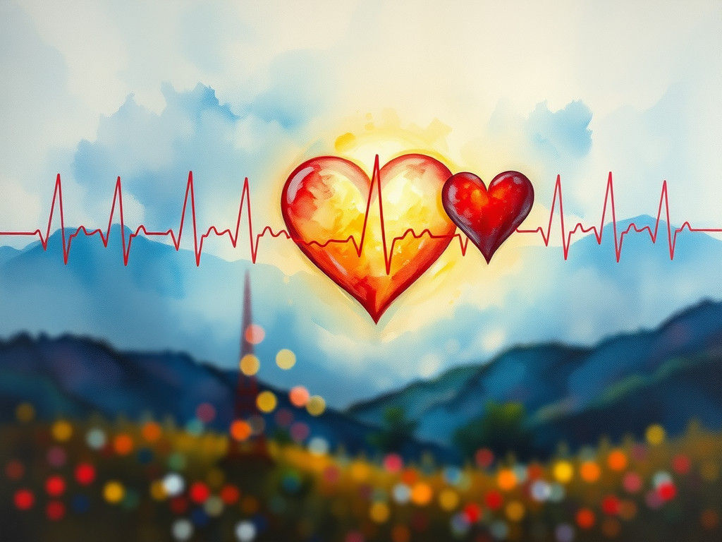 A large watercolor huge long several layers of heartbeats sy...