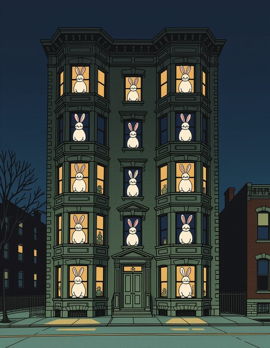 Giant Rabbits in Windows of Old Building at Night