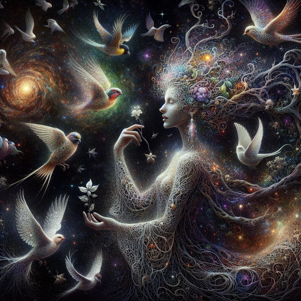 Cosmic Woman Transformed into Birds