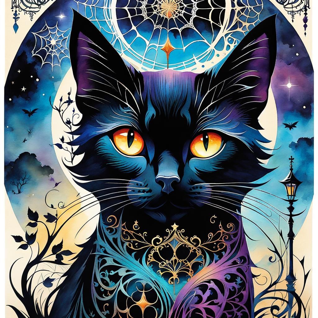 Cobweb Filigree Black Cat in Watercolor Collage