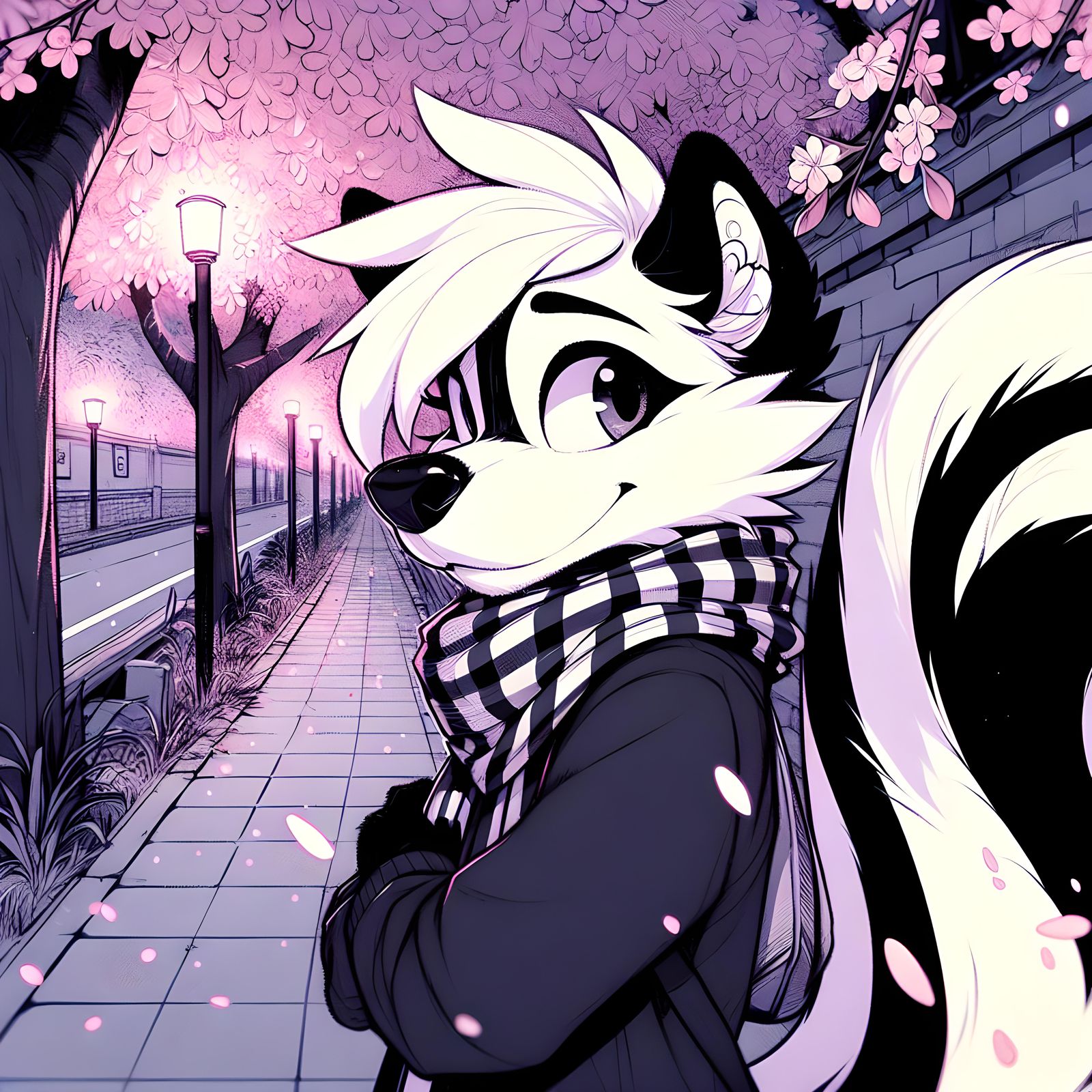 Anime Skunk Character Strolling Under Cherry Blossoms