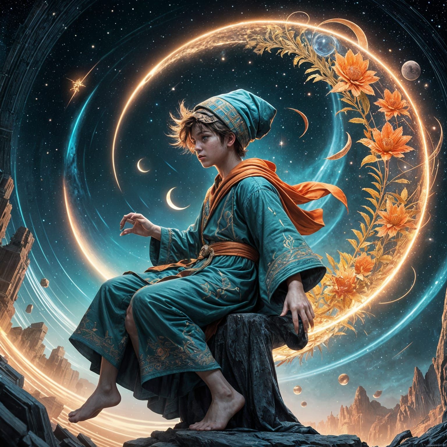 Boy on New Moon, Surrounded by Celestial Wonders in Vibrant ...