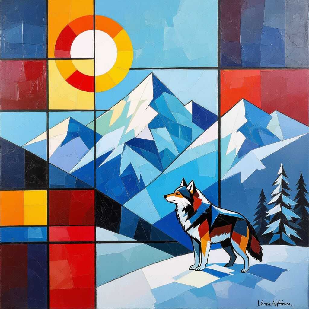 Snowy Mountain Wolf in Mixed Artistic Styles