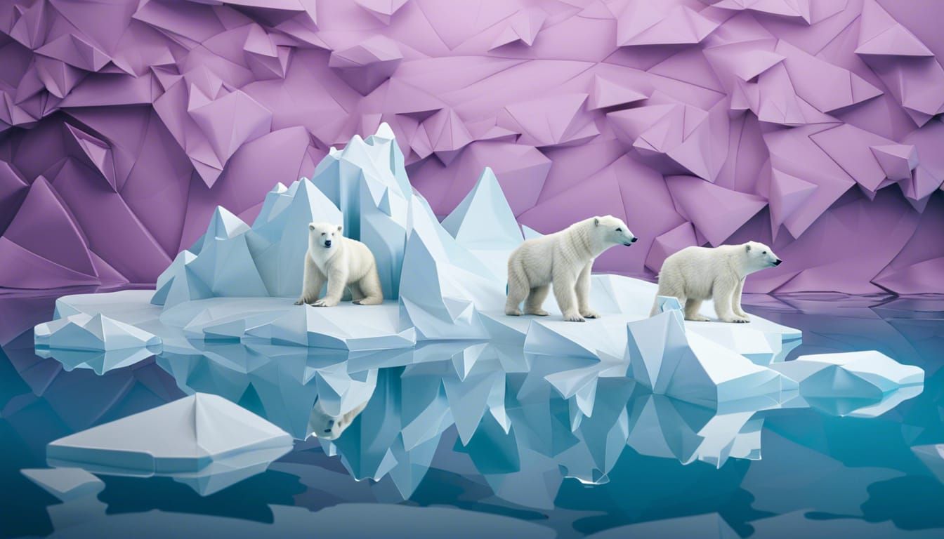 Origami Polar Bear Family on Arctic Ice