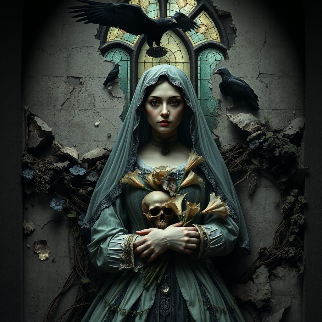 Victorian Woman Entombed in Shattered Cathedral, Hyperreal A...