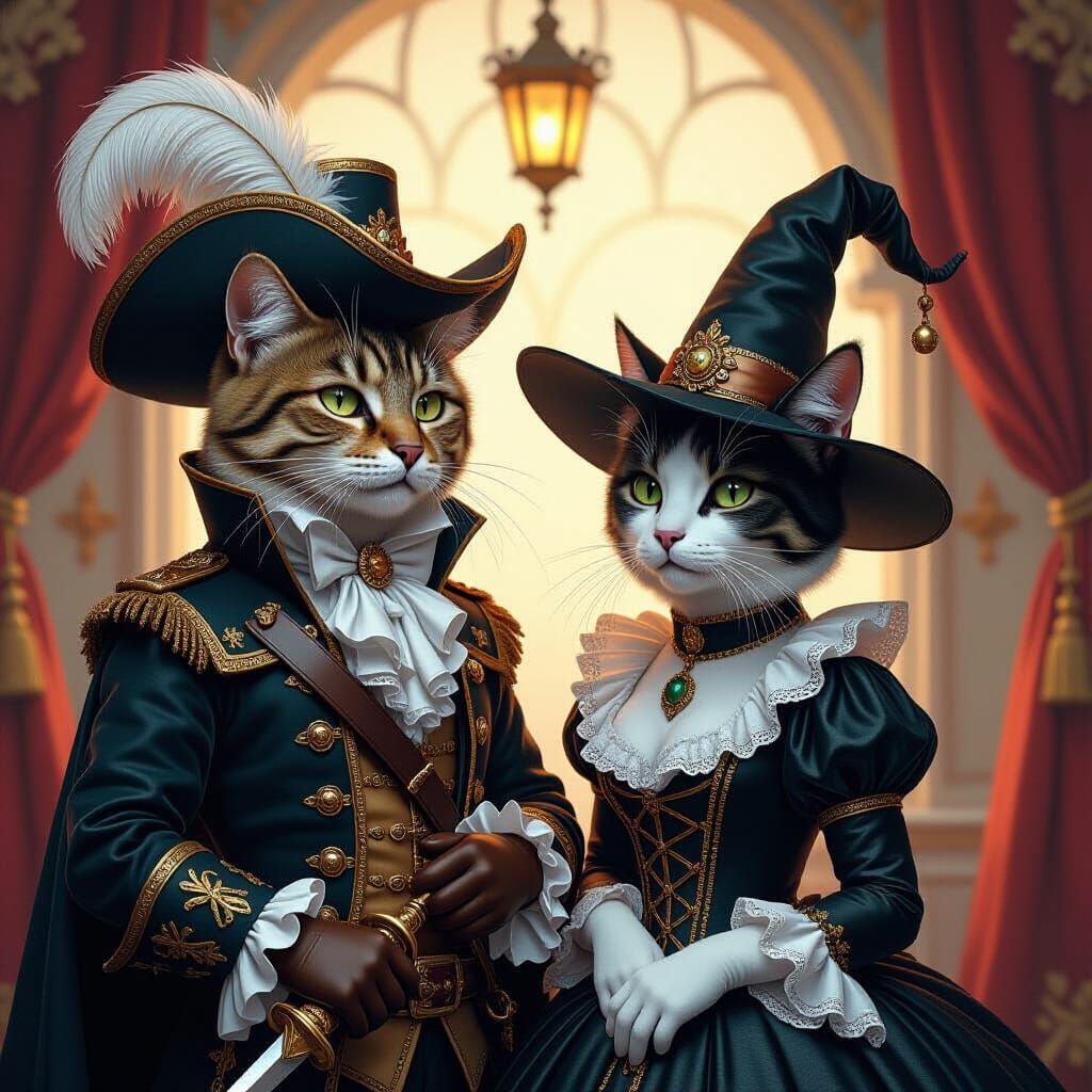 Surreal Musketeer Cat Duo in Baroque Style