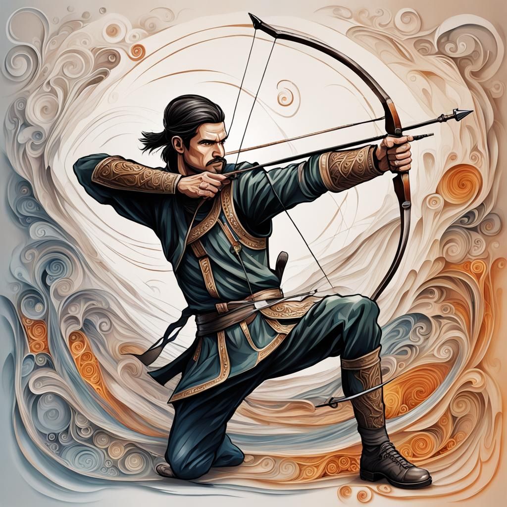 Dynamic Archer Illustration in Minimalist Airbrush Art