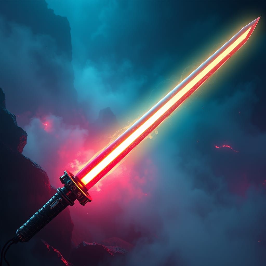 Katana Lightsaber in Neon Cyberpunk Landscape