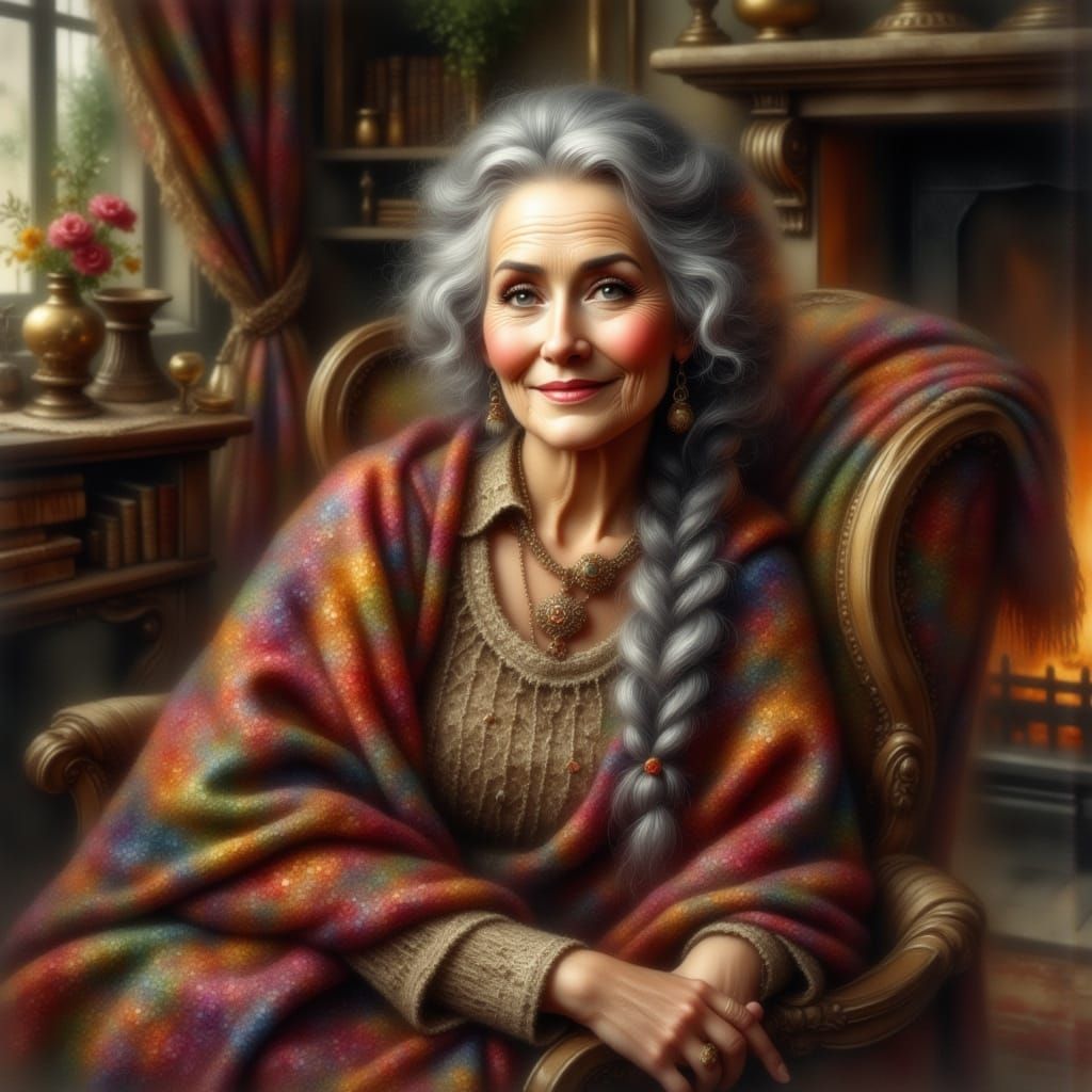 Antique Watercolor: Elderly Woman by Fireplace
