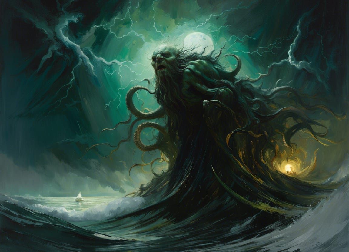 Cthulhu Emerges from Stormy Ocean: Dark Fantasy Art
