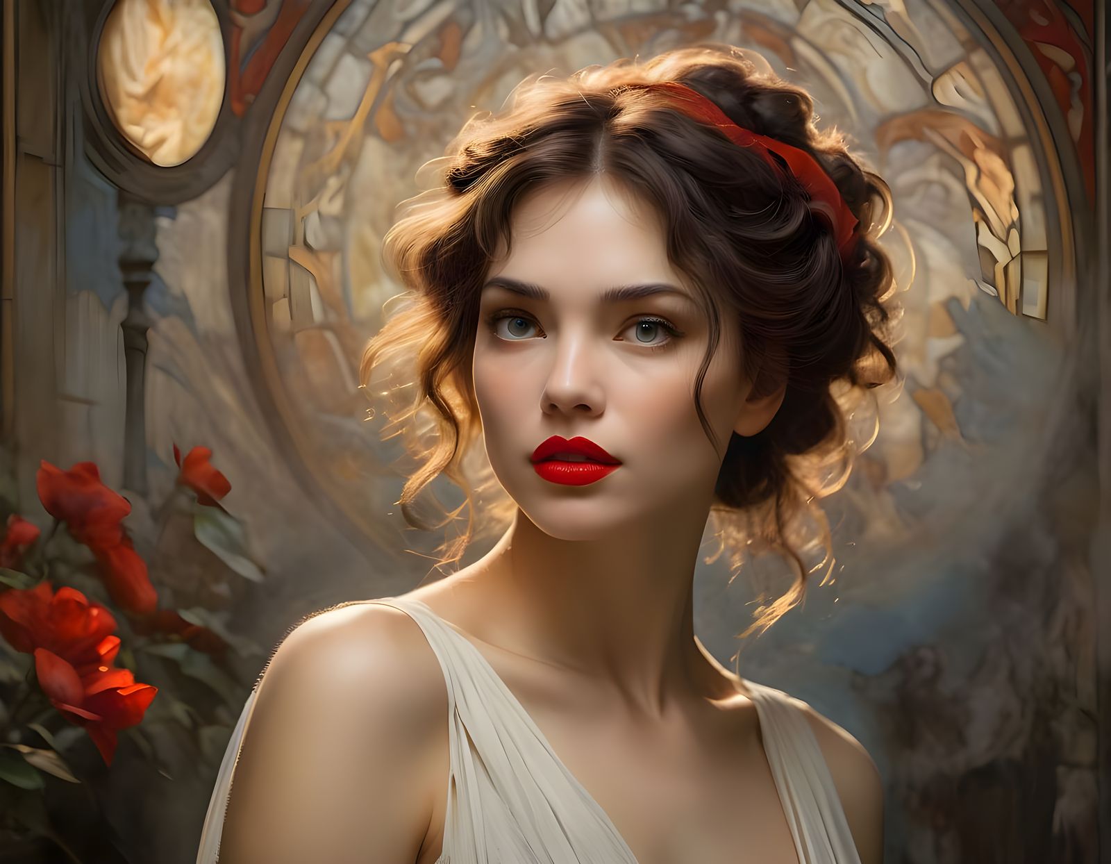 Oil Painting of Woman with Bold Red Lipstick and Hungry Expr...