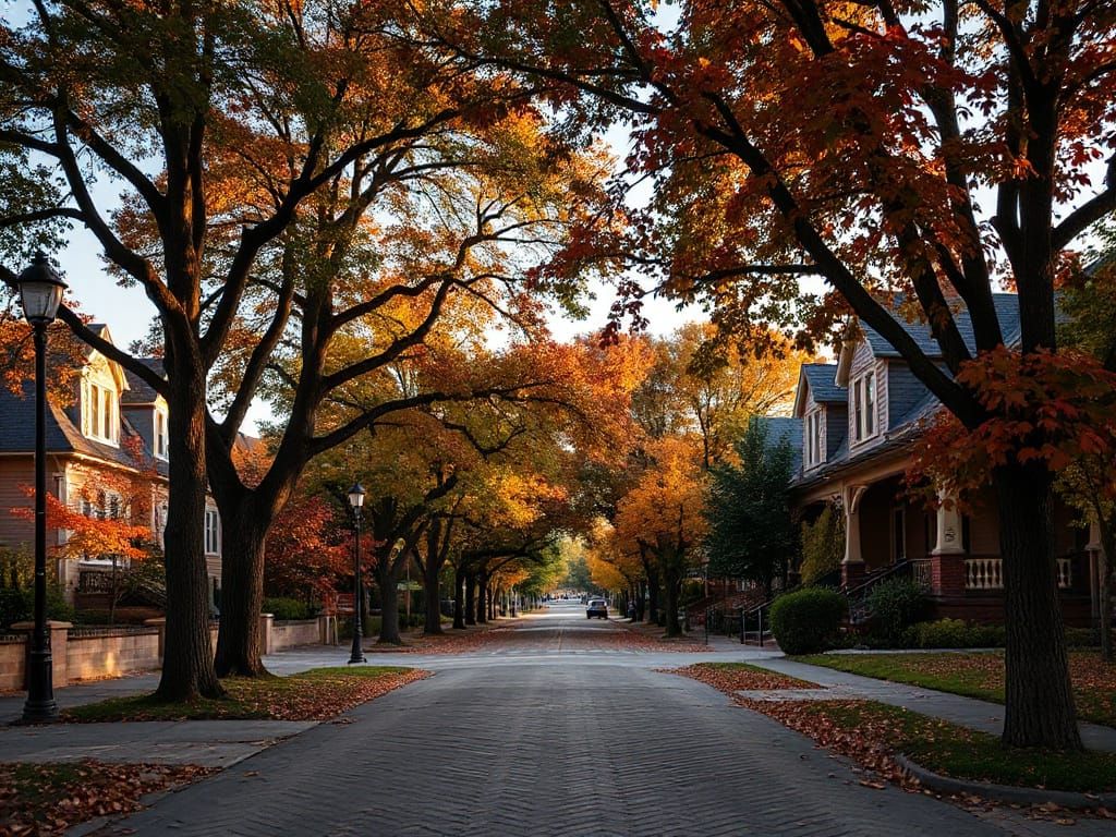 Autumn Street with Craftsman Bungalows and Magic Hour Light