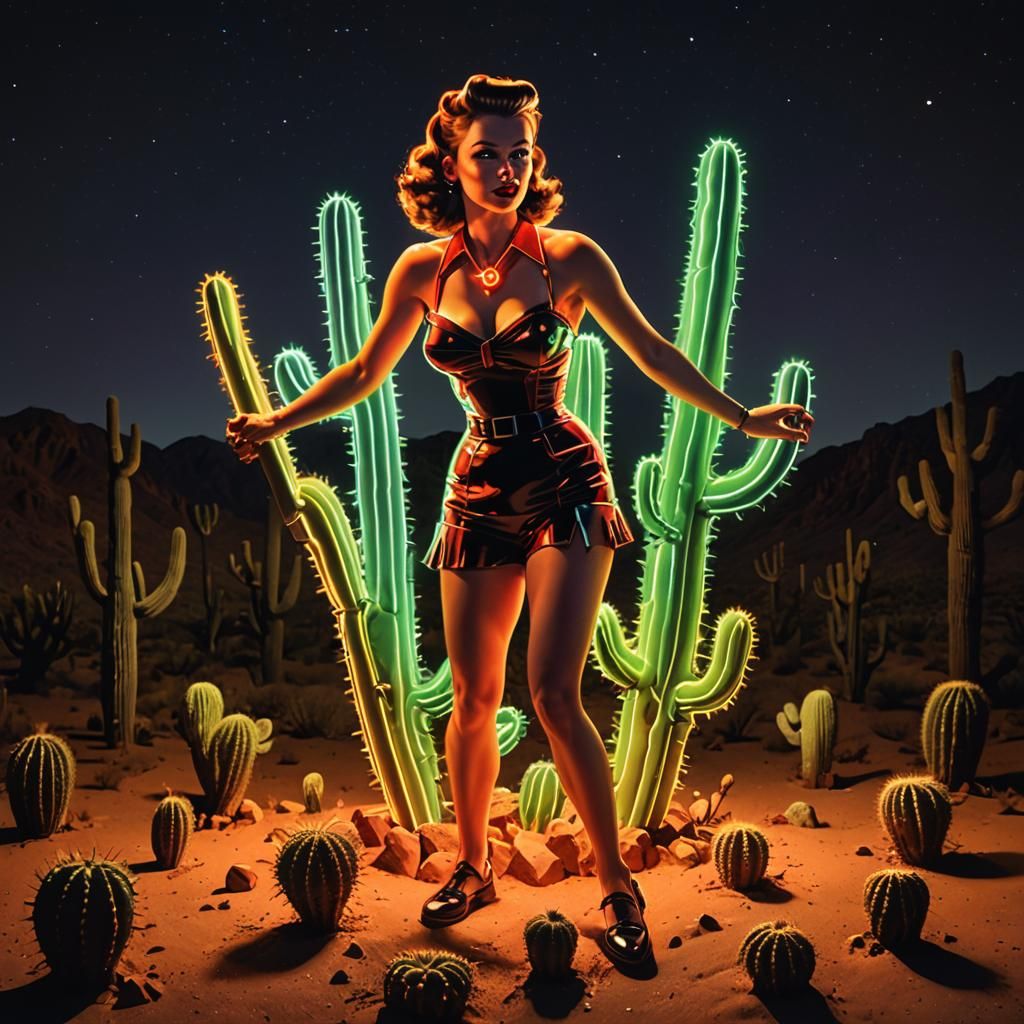 Neon Pin-Up Sculpture in Desert Night