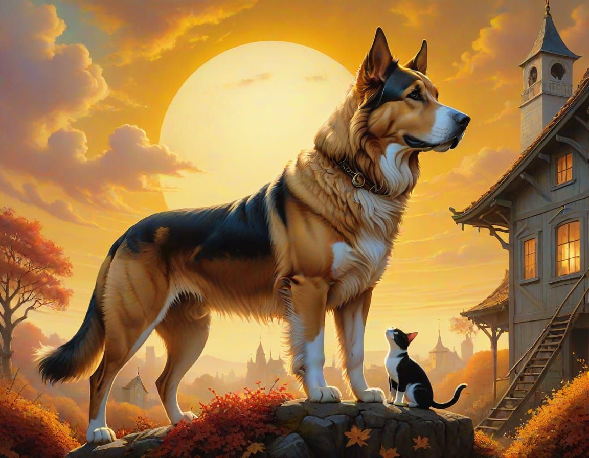 Surreal Pop Art: Big Dog Protects Little Friend in Autumn Wo...