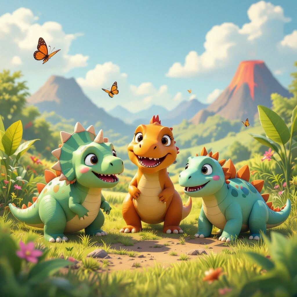 Cheerful Baby Dinosaurs Play in a Sunny Valley